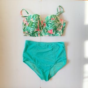 Tropical bandeau and high waist bikini set
